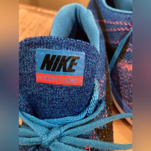 Nike Flyknit Lunar 3 Mens Blue/OrangeSneaker Running Shoes 11 Lace Up Low Top