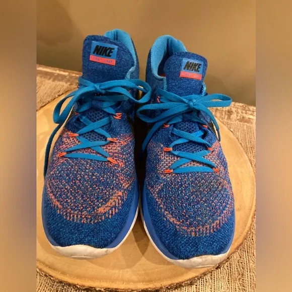 Nike Flyknit Lunar 3 Mens Blue/OrangeSneaker Running Shoes 11 Lace Up Low Top