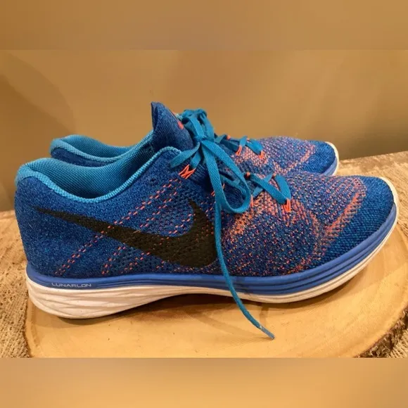 Nike Flyknit Lunar 3 Mens Blue/OrangeSneaker Running Shoes 11 Lace Up Low Top