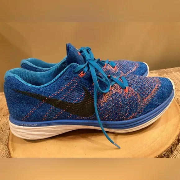 Nike Flyknit Lunar 3 Mens Blue/OrangeSneaker Running Shoes 11 Lace Up Low Top
