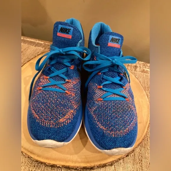 Nike Flyknit Lunar 3 Mens Blue/OrangeSneaker Running Shoes 11 Lace Up Low Top