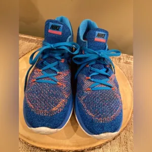 Nike Flyknit Lunar 3 Mens Blue/OrangeSneaker Running Shoes 11 Lace Up Low Top