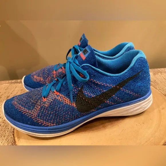 Nike Flyknit Lunar 3 Mens Blue/OrangeSneaker Running Shoes 11 Lace Up Low Top
