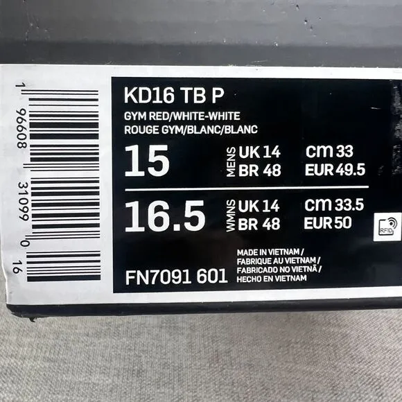 Nike KD16 TB Promo Gym Red White Basketball Shoes FN7091-601 Men's Size 15