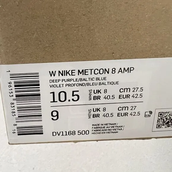 Nike Metcon 8 AMP Purple Gym Shoes DV1168 500 Women's Size 10.5 / Men's 9