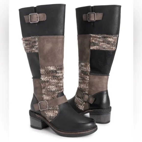 ⛄️NWT LUKEES BY MUK LUKS BLACK/BROWN PATCHWORK MEMORY FOAM ARYA BOOTS SIZE 8⛄️