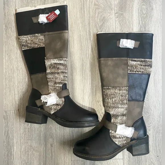 ⛄️NWT LUKEES BY MUK LUKS BLACK/BROWN PATCHWORK MEMORY FOAM ARYA BOOTS SIZE 8⛄️