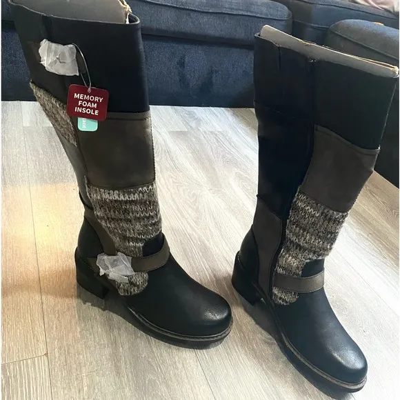 ⛄️NWT LUKEES BY MUK LUKS BLACK/BROWN PATCHWORK MEMORY FOAM ARYA BOOTS SIZE 8⛄️