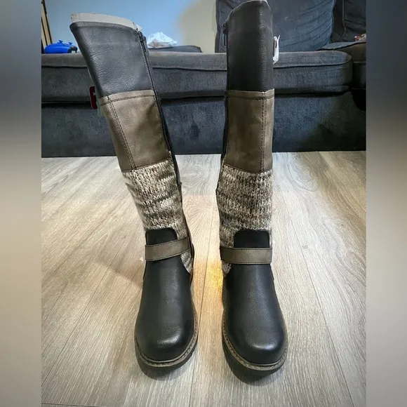 ⛄️NWT LUKEES BY MUK LUKS BLACK/BROWN PATCHWORK MEMORY FOAM ARYA BOOTS SIZE 8⛄️