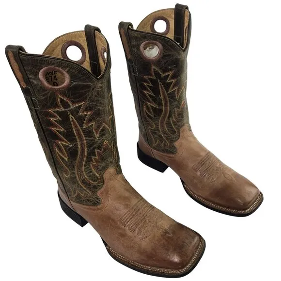 Old West Cowboy Boots Green Tan Mens 8 D Country Western Wear