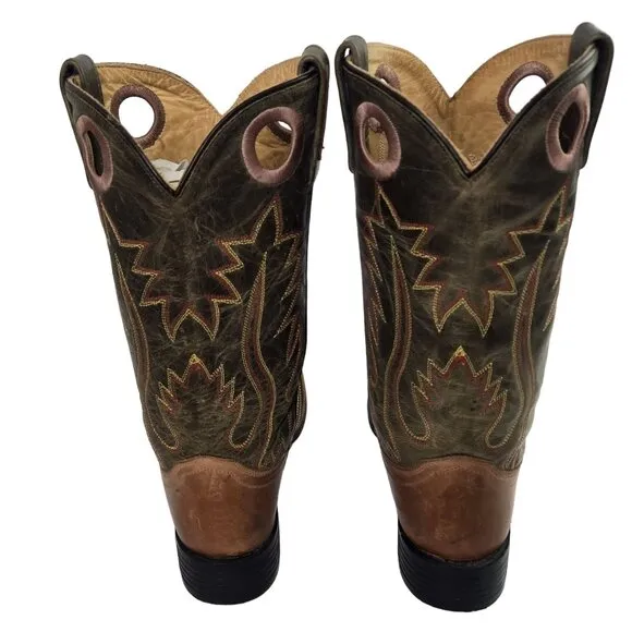 Old West Cowboy Boots Green Tan Mens 8 D Country Western Wear