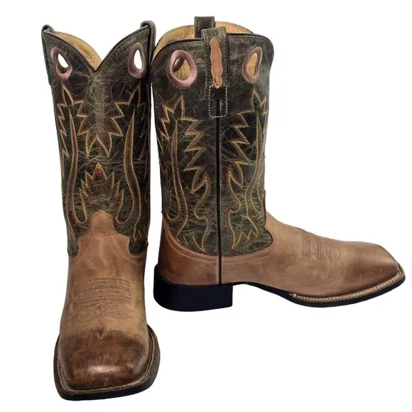 Old West Cowboy Boots Green Tan Mens 8 D Country Western Wear