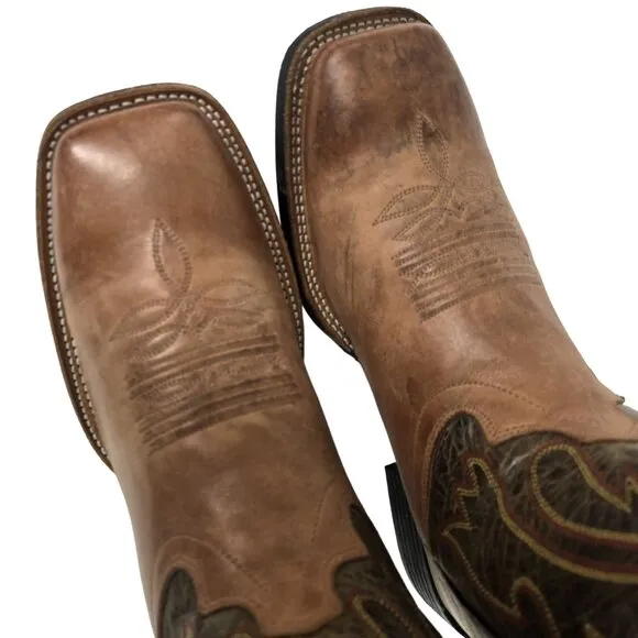 Old West Cowboy Boots Green Tan Mens 8 D Country Western Wear