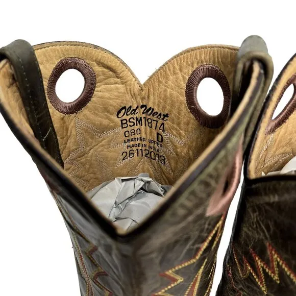 Old West Cowboy Boots Green Tan Mens 8 D Country Western Wear