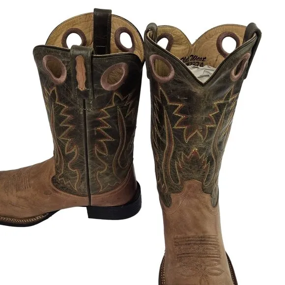 Old West Cowboy Boots Green Tan Mens 8 D Country Western Wear