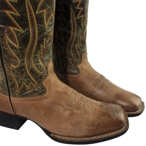 Old West Cowboy Boots Green Tan Mens 8 D Country Western Wear