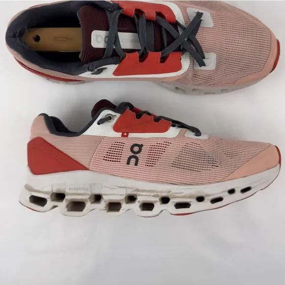 On Cloudstratus pink and red running shoes