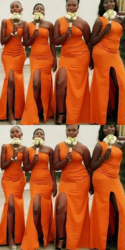 Orange Mermaid One Shoulder Side Slit Long Bridesmaid Dresses,WG1214