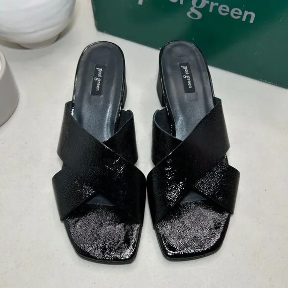 Paul Green Cici Sandal Leather Cross Band Black Crinkle Women 7.5 Tried On