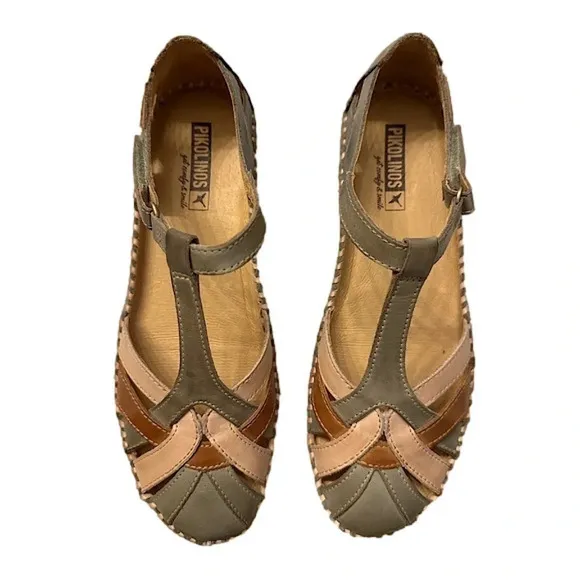 Pikolinos Puerto Vallarta Leather T-Strap Closed Toe Sage/Tan Shoes 7.5-8