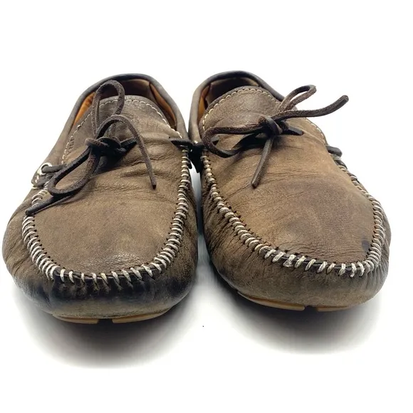 PRADA MENS BROWN GREY SUEDE LEATHER BOW DRIVING LOAFER CASUAL WALKING SHOES 6.5