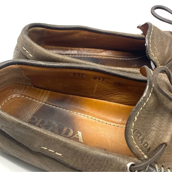 PRADA MENS BROWN GREY SUEDE LEATHER BOW DRIVING LOAFER CASUAL WALKING SHOES 6.5
