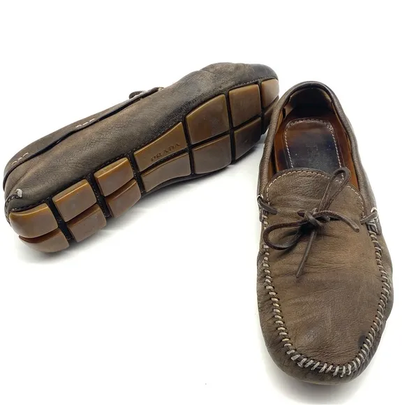 PRADA MENS BROWN GREY SUEDE LEATHER BOW DRIVING LOAFER CASUAL WALKING SHOES 6.5