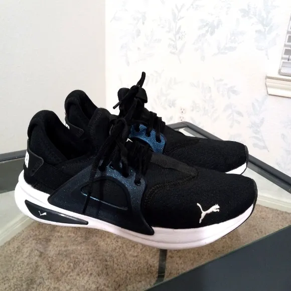 PUMA Mens 7.5 10 Womens Pacer Running Shoes in Black / Blue w Memory Foam