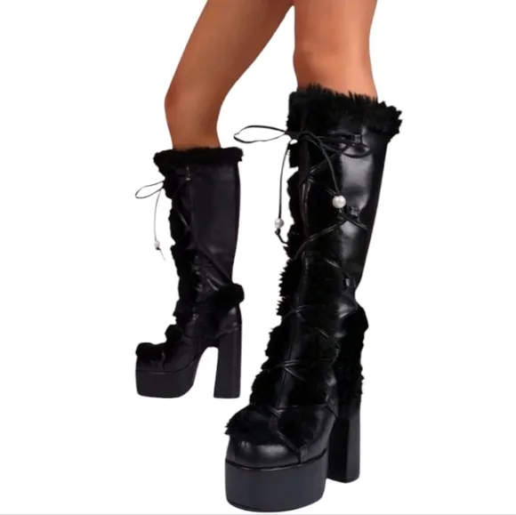 Punk Style Mid-Calf Boots Faux Fur Trim Platform‎ Sole Leather Black Women