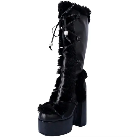 Punk Style Mid-Calf Boots Faux Fur Trim Platform‎ Sole Leather Black Women