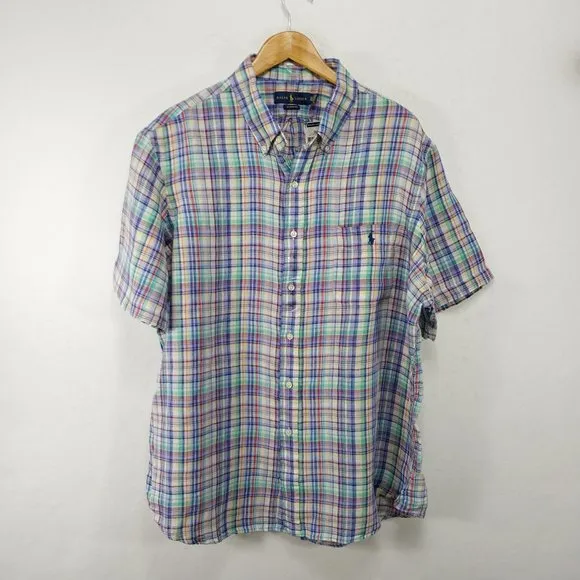 Ralph Lauren Shirt Mens XXL 100% Linen Multicolor Plaid Short Sleeve Blue Green