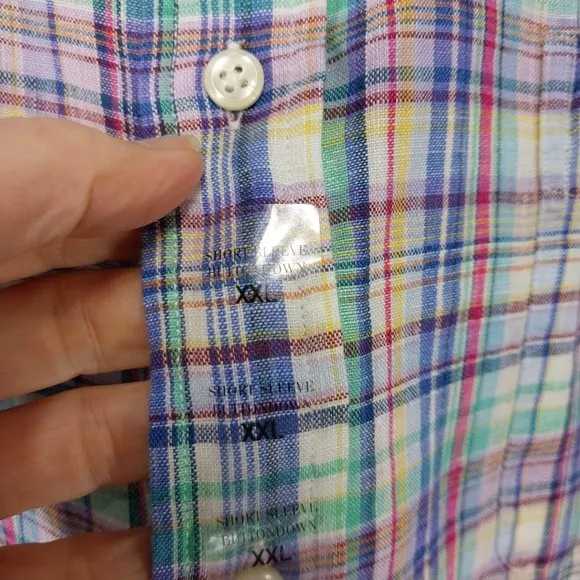 Ralph Lauren Shirt Mens XXL 100% Linen Multicolor Plaid Short Sleeve Blue Green