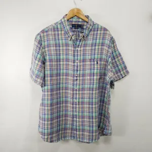 Ralph Lauren Shirt Mens XXL 100% Linen Multicolor Plaid Short Sleeve Blue Green