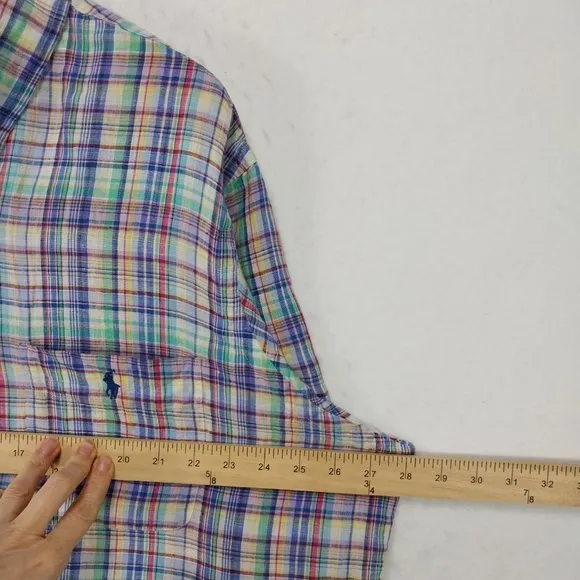 Ralph Lauren Shirt Mens XXL 100% Linen Multicolor Plaid Short Sleeve Blue Green