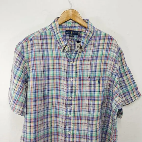 Ralph Lauren Shirt Mens XXL 100% Linen Multicolor Plaid Short Sleeve Blue Green