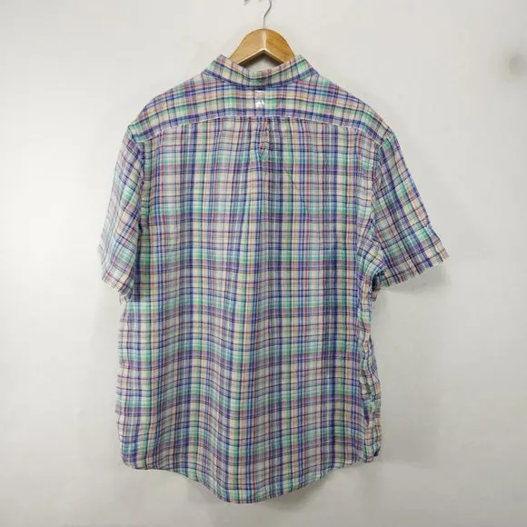 Ralph Lauren Shirt Mens XXL 100% Linen Multicolor Plaid Short Sleeve Blue Green