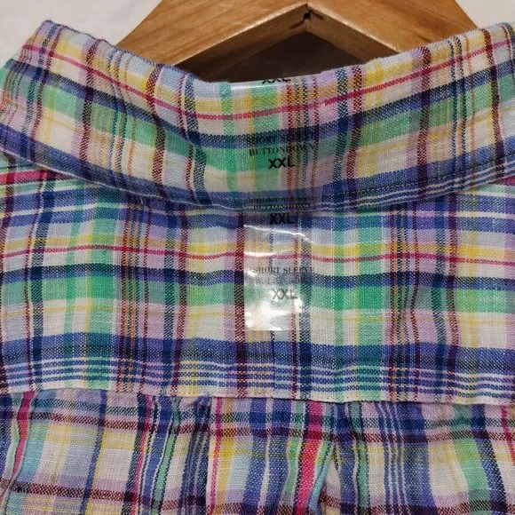 Ralph Lauren Shirt Mens XXL 100% Linen Multicolor Plaid Short Sleeve Blue Green
