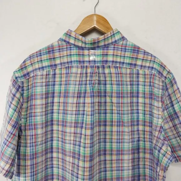 Ralph Lauren Shirt Mens XXL 100% Linen Multicolor Plaid Short Sleeve Blue Green
