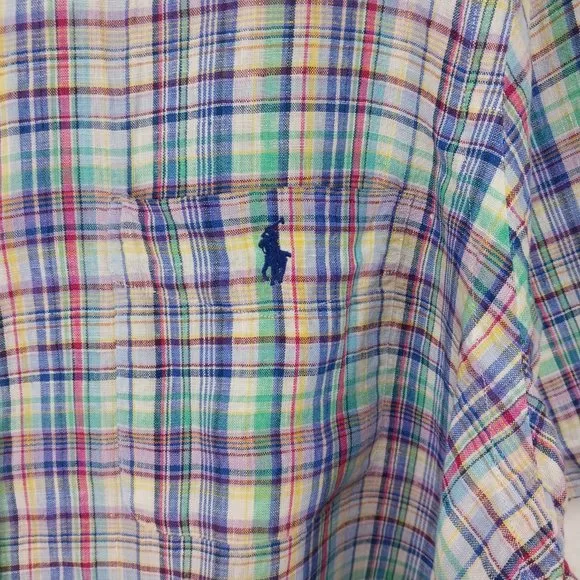 Ralph Lauren Shirt Mens XXL 100% Linen Multicolor Plaid Short Sleeve Blue Green