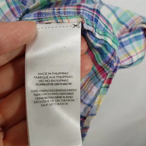 Ralph Lauren Shirt Mens XXL 100% Linen Multicolor Plaid Short Sleeve Blue Green