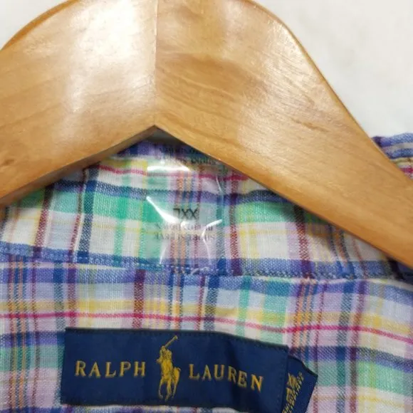 Ralph Lauren Shirt Mens XXL 100% Linen Multicolor Plaid Short Sleeve Blue Green