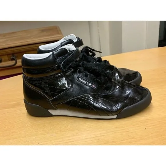 REEBOK CLASSIC 80's VTG FREESTYLE black patent high top SNEAKER GYM SHOES kids