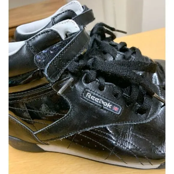 REEBOK CLASSIC 80's VTG FREESTYLE black patent high top SNEAKER GYM SHOES kids