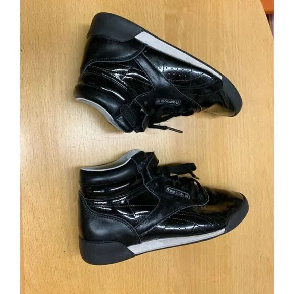 REEBOK CLASSIC 80's VTG FREESTYLE black patent high top SNEAKER GYM SHOES kids