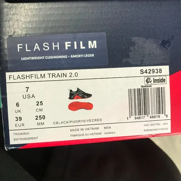 Reebok Running Shoes Mens‎ 7 US Flashfilm Train 2.0 Black Vector Red Athletic