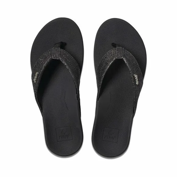 REEF WOMENS REEF ORTHO-SPRING FLIP FLOP, BLACK/BLACK GLITTER, 7 US