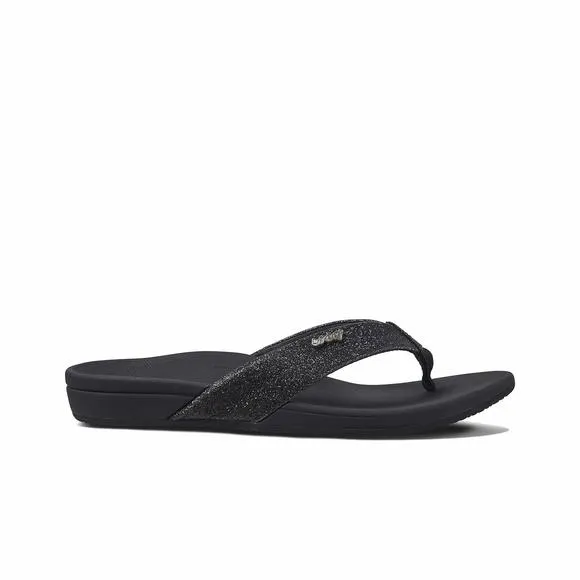 REEF WOMENS REEF ORTHO-SPRING FLIP FLOP, BLACK/BLACK GLITTER, 7 US
