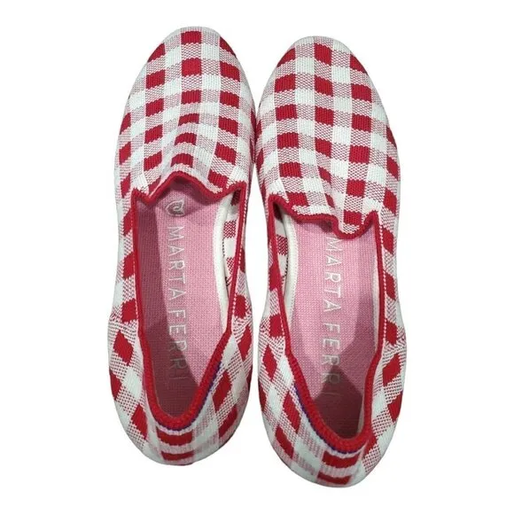 Rothy's Marta Ferri Merino Wool Red White Checkered Slip on Loafers Size 10