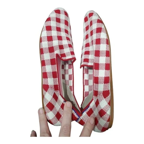 Rothy's Marta Ferri Merino Wool Red White Checkered Slip on Loafers Size 10