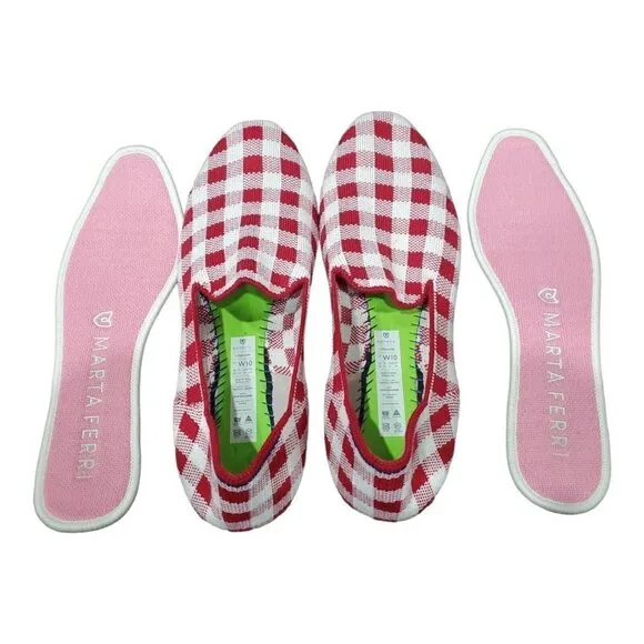 Rothy's Marta Ferri Merino Wool Red White Checkered Slip on Loafers Size 10